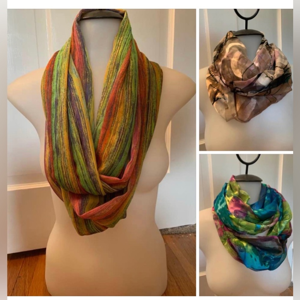 3 silk infinity scarves (gifts, never worn)